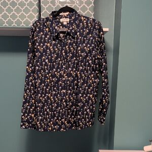 Lands' End Women's Dark Blue Floral Button Down No Iron Shirt